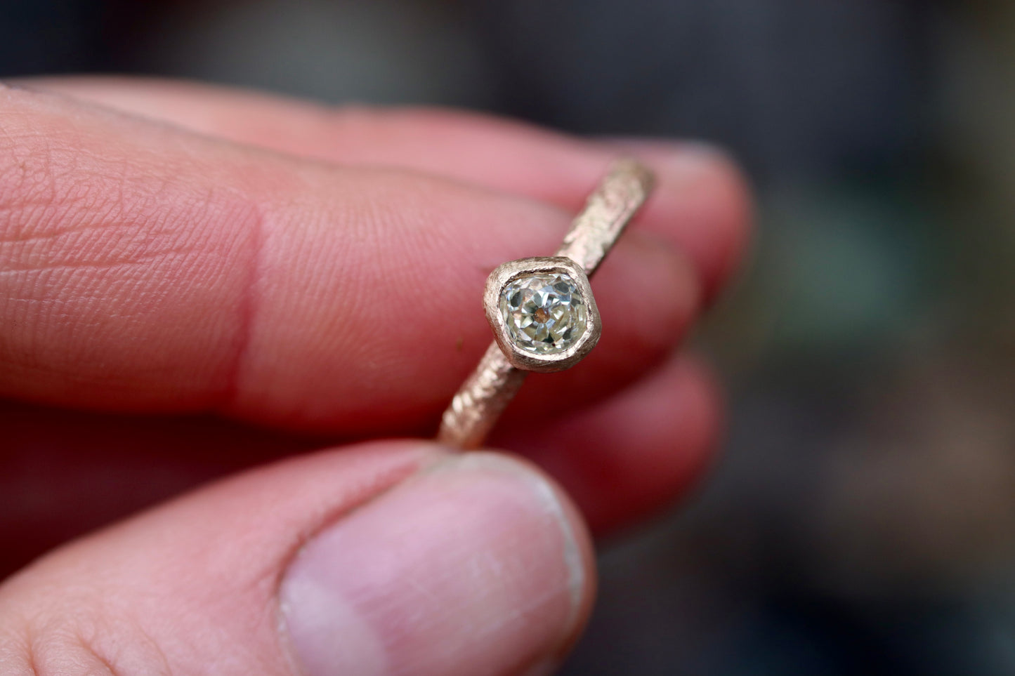 reclaimed old mine cut diamond wabi sabi handcrafted handcarved sandcast solitaire engagement ring organic texture alternative diamond ring wedding ring rustic ethical paige devlin jewelry methow valley jewelery artist