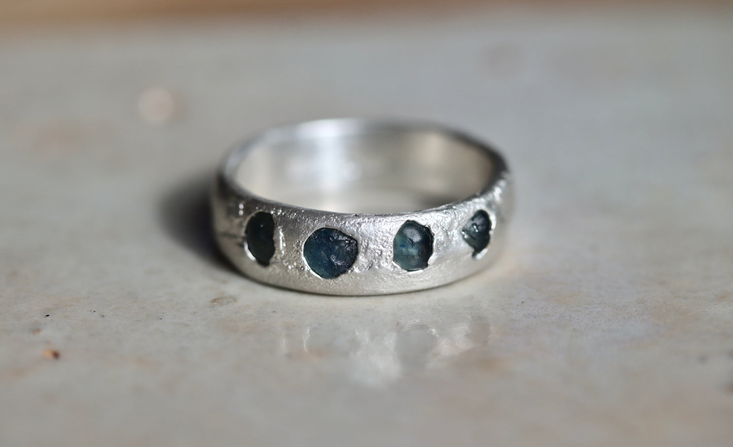 raw montana sapphire sterling silver recycled wide mens womens organic texture sandcast wedding band rustic