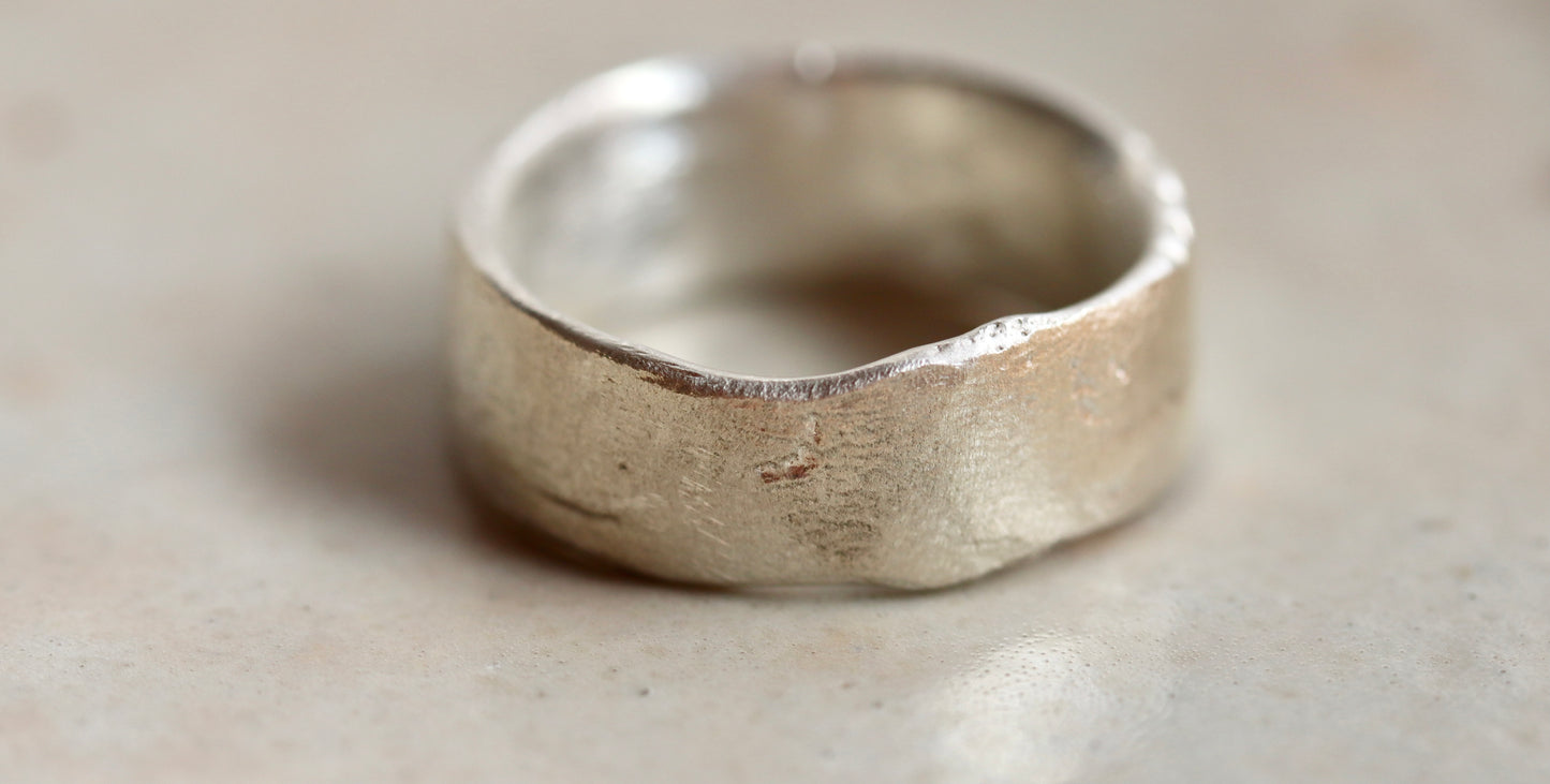 sandcast wide sterling silver wedding band mens rustic textured wide band ring paige devlin jewelry organic wabi sabi