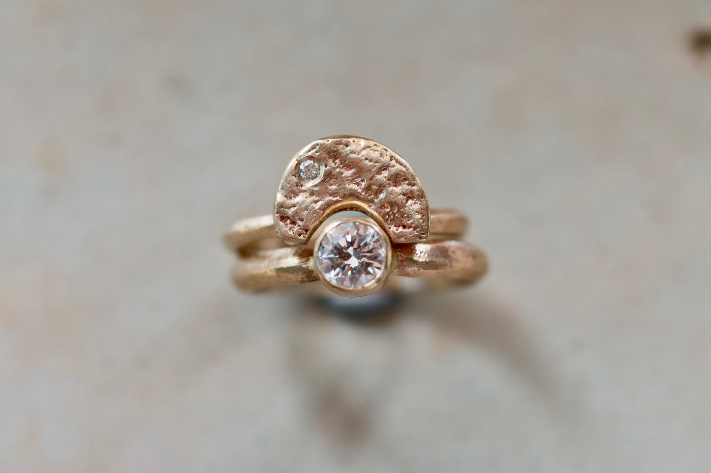 earthy textured organic rustic wabi sabi ring crown wedding stack recycled gold sandcast paige devlin jewelry arc wedding band
