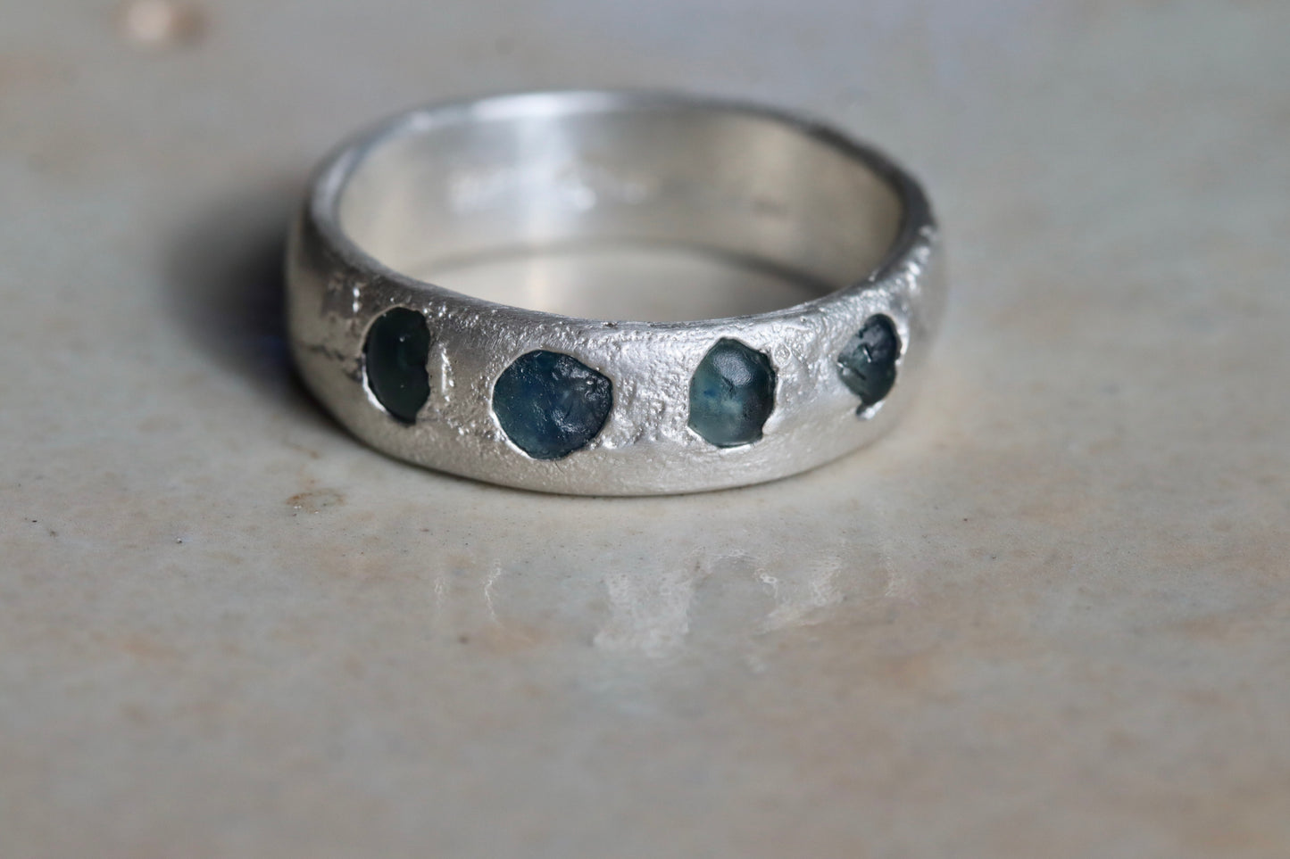raw montana sapphire sterling silver recycled wide mens womens organic texture sandcast wedding band rustic