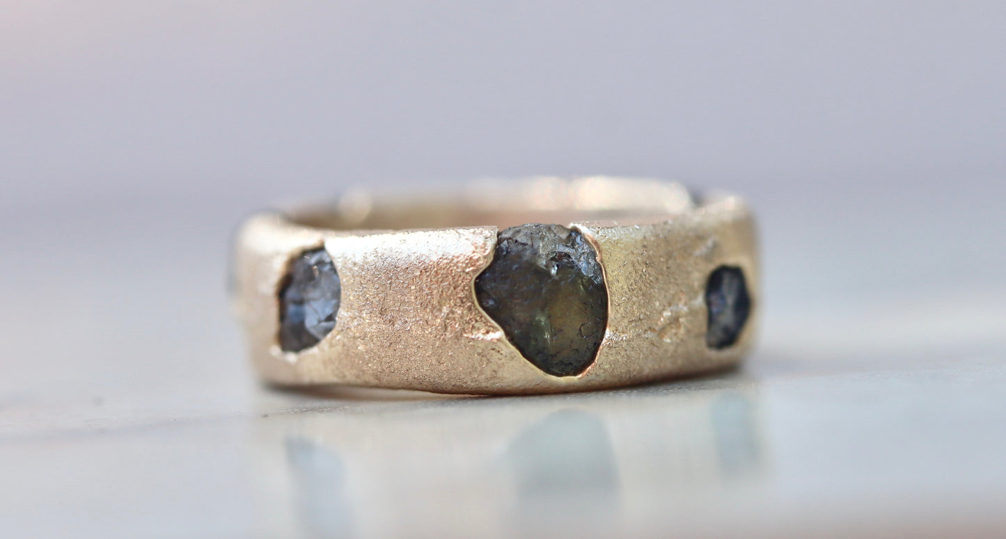organic texture raw montana sapphire recycled gold sandcast ethical earthen paige devlin jewelry rustic rough mens wedding band