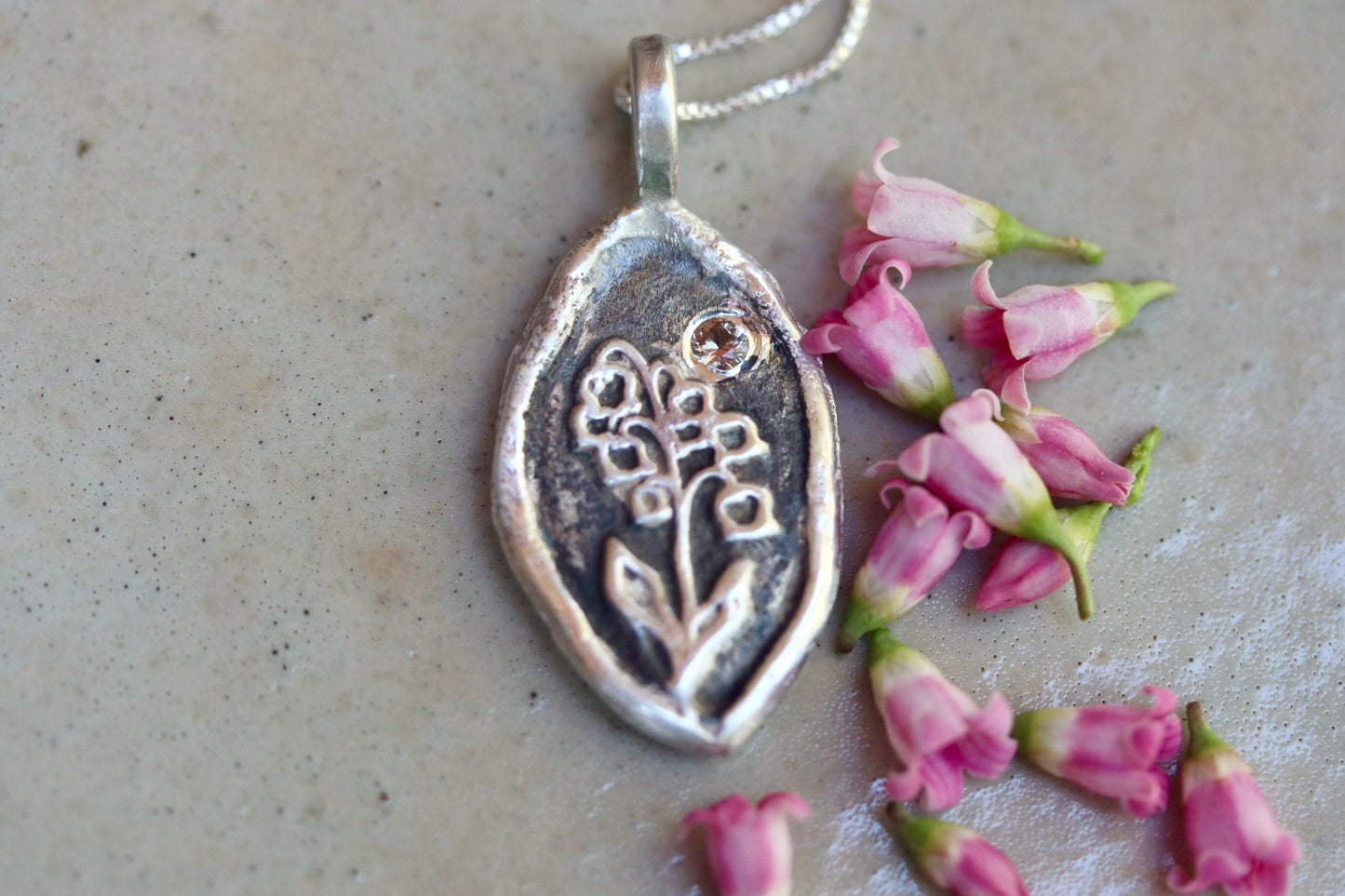 heather mountain pendant sterling silver handmade handcrafted montana sapphire pink floral alpine wildflower necklace paige devlin jewelry