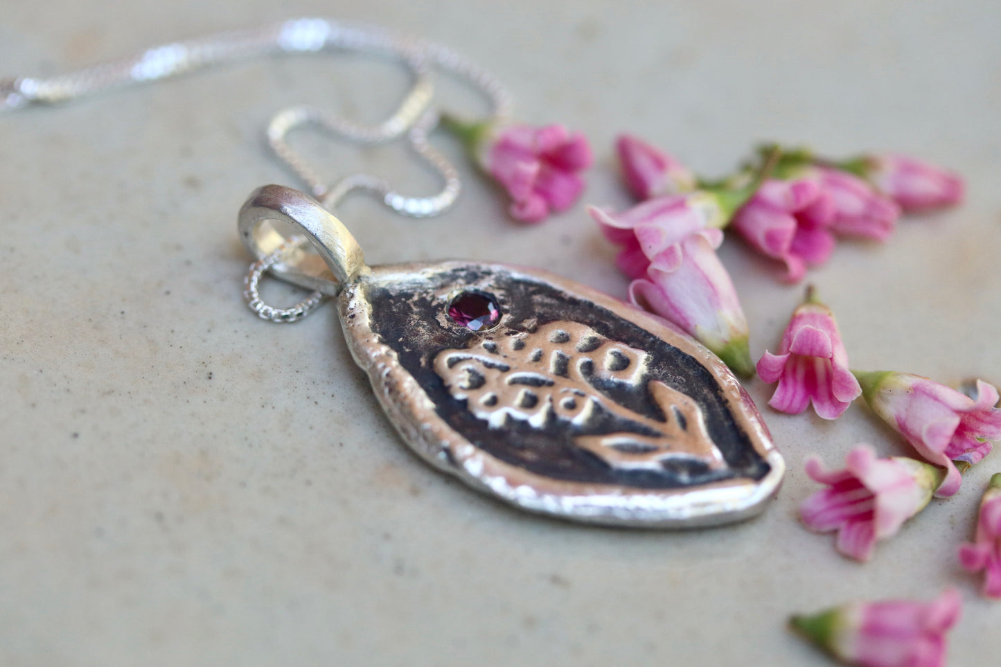 heather mountain pendant sterling silver handmade handcrafted montana sapphire pink floral alpine wildflower necklace paige devlin jewelry garnet