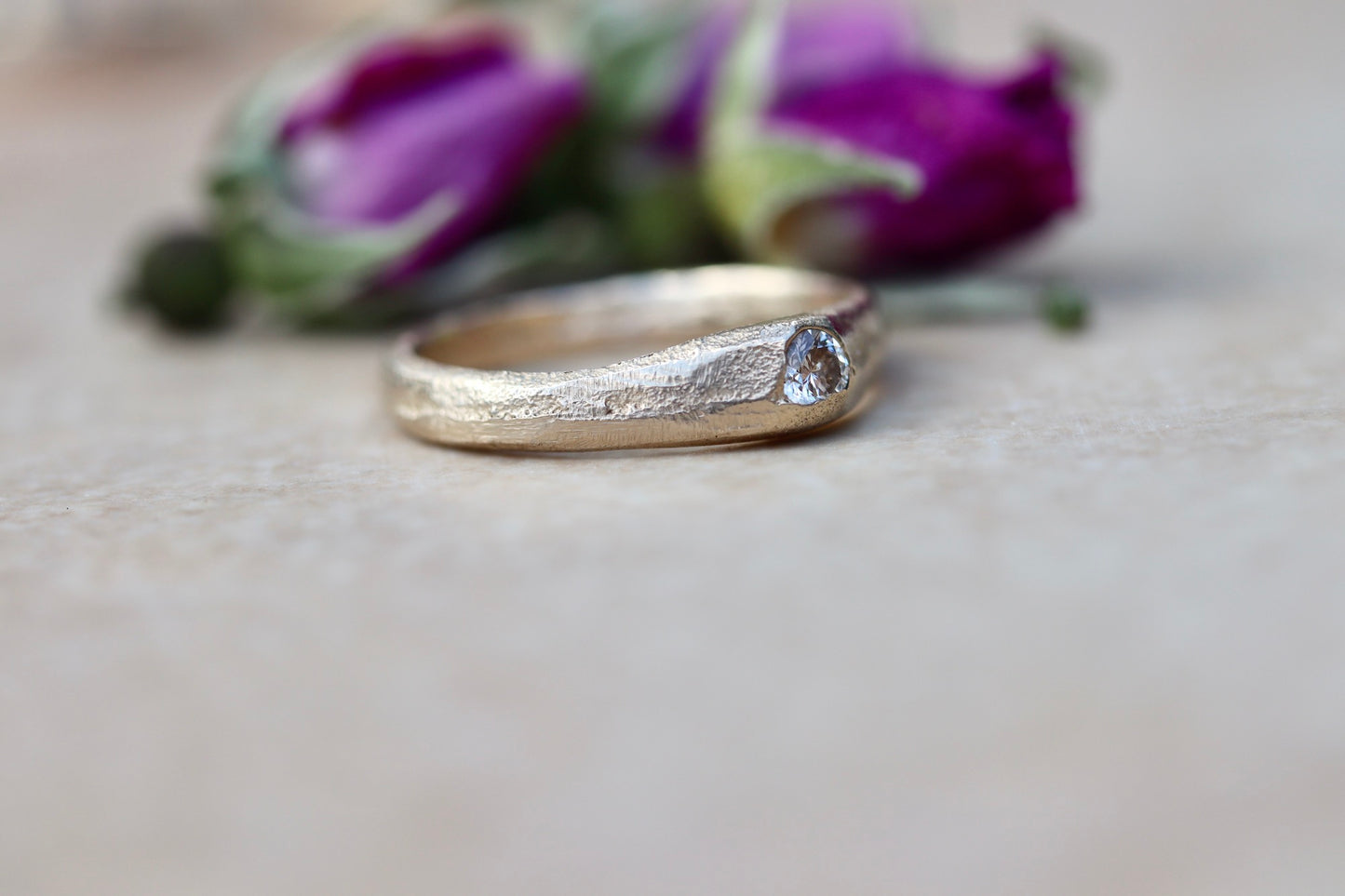 ethical diamond engagement solitaire ring reclaimed diamond sandcast recycled diamond recycled gold sustainable diamond ring earthy diamond ring organic texture diamond ring paige devlin jewelry low profile gold diamond organic rustic signet
