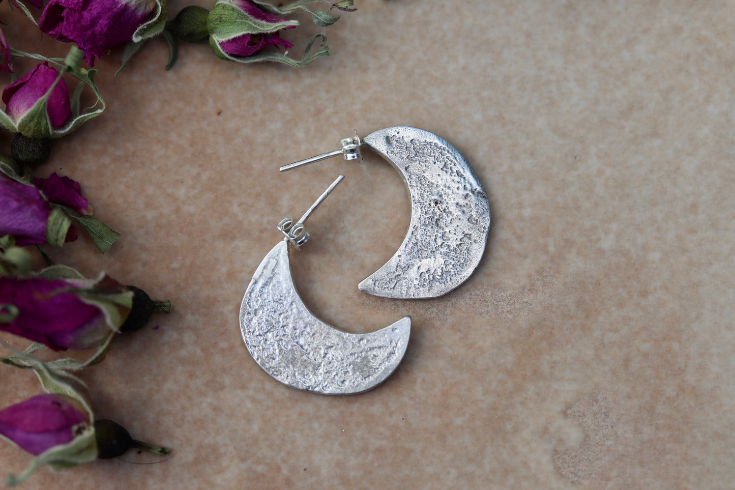 organic textured sterling silver crescent moon hoops witch goddess ritual jewelry