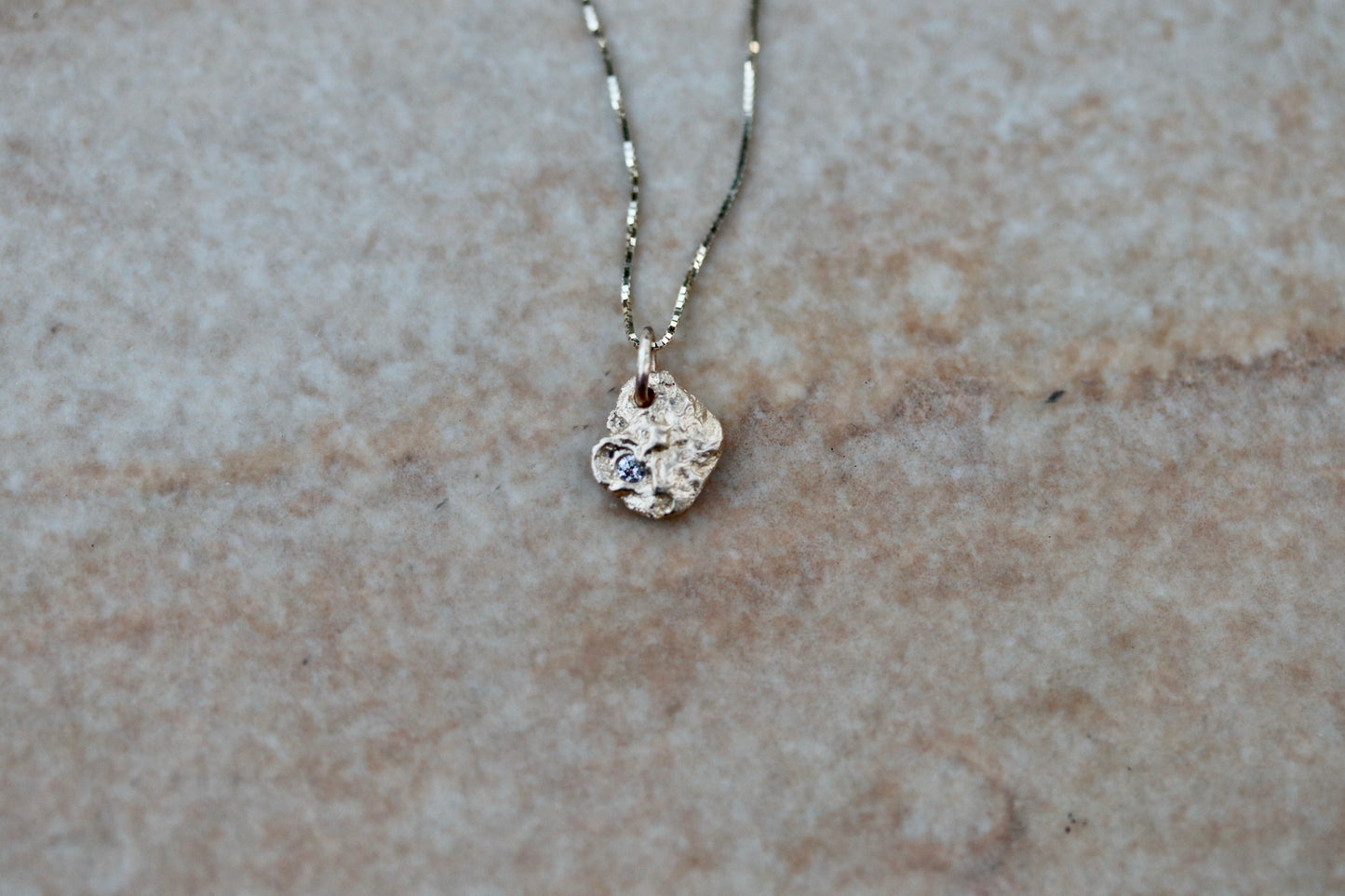 rustic organic 14kt recycled gold diamond necklace ethical sustainable jewelry sandcast earthy minimal necklace