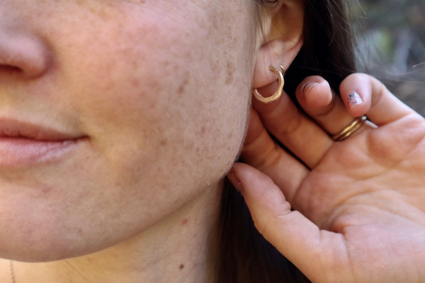 organic handcrafted recycled gold ethical hoop earrings sandcast paige devlin jewelry minimal small gold earthy hoops