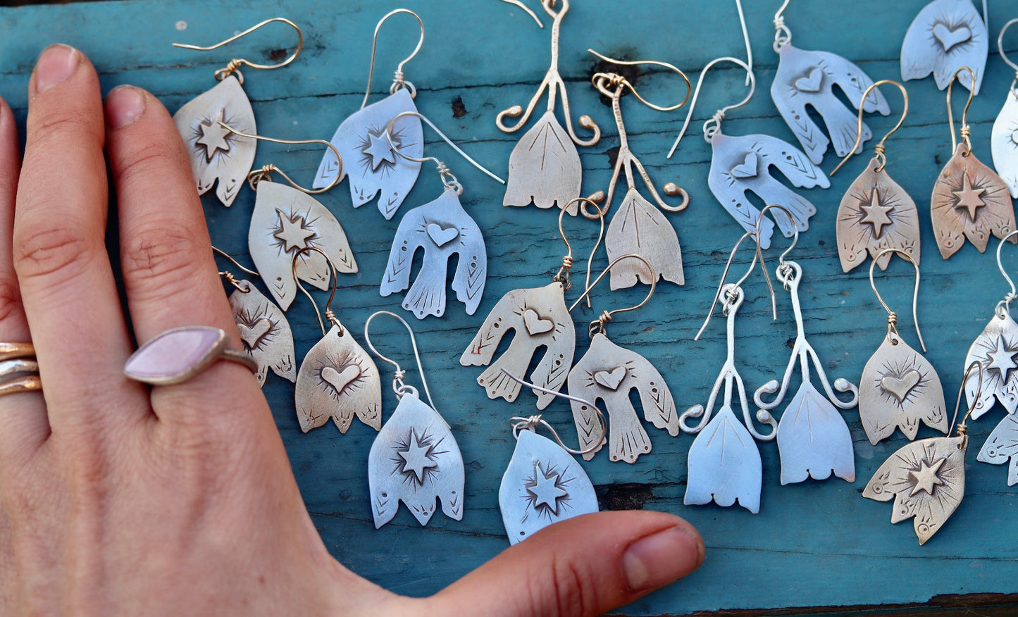 the arrowleaf heart folk flower folk earring folk art earrings folk bird recycled bronze recycled sterling silver