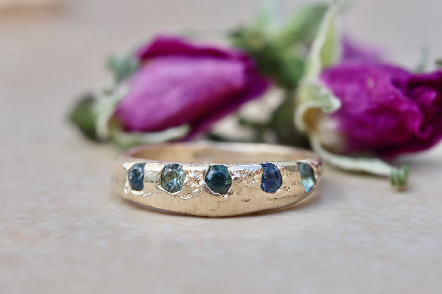 montana sapphire organic texture sandcast rustic ethical wedding band paige devlin jewelry wedding jewelry methow valley
