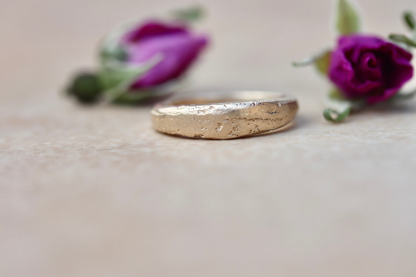 thin 14kt recycled gold organic minimal texture sandcast wedding band ethical paige devlin jewelry