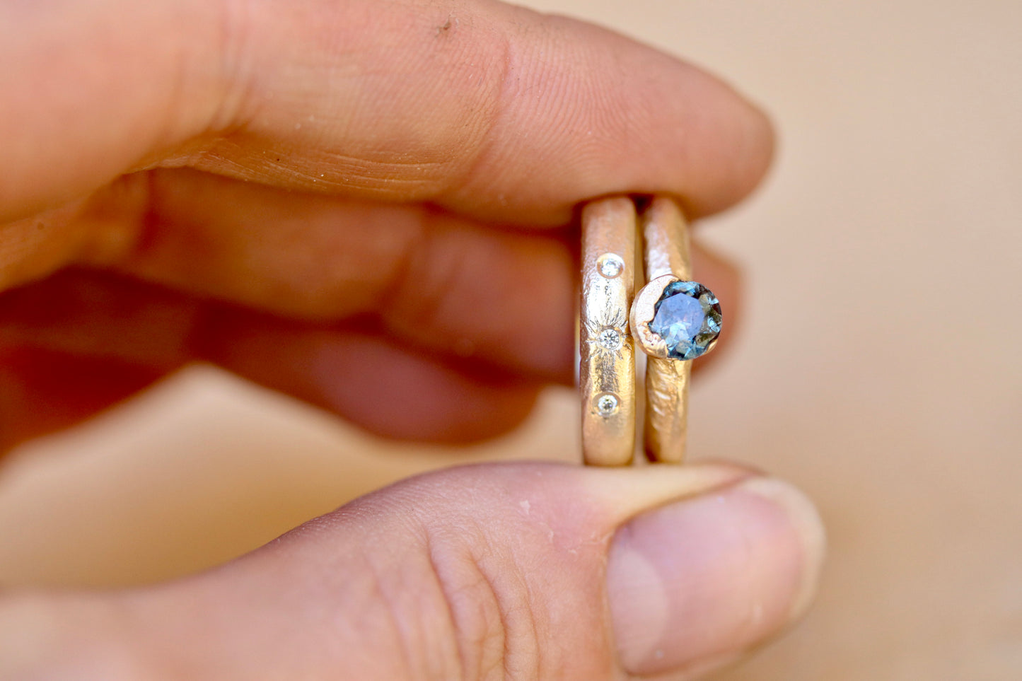 paige devlin jewelry ethical diamond organic sandcast wedding band montana sapphire ethereal whimsical engagement ring