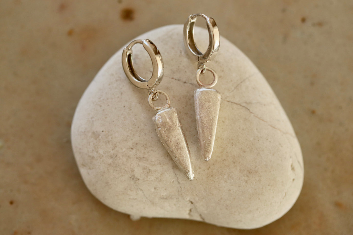 sandcast organic hoops silver handmade rose thorn earrings spear earrings dagger hoops