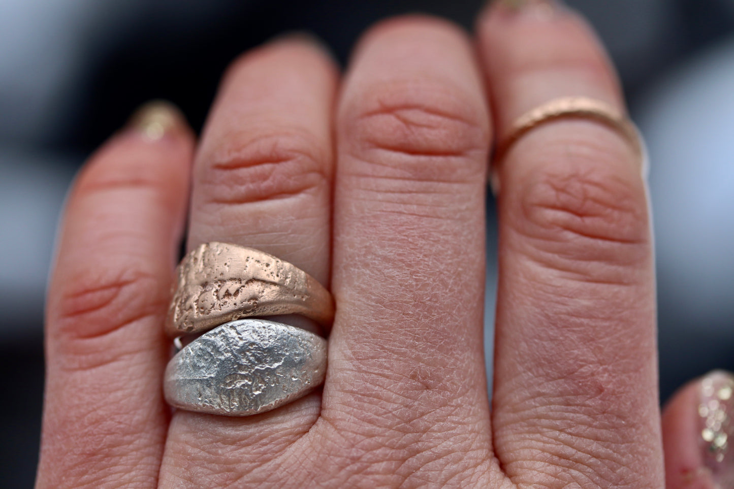 textured recycled gold recycled silver sheild ring handmade wide tapering saddle organic ring sandcast paige devlin jewelry ethical alternative wedding band wide band
