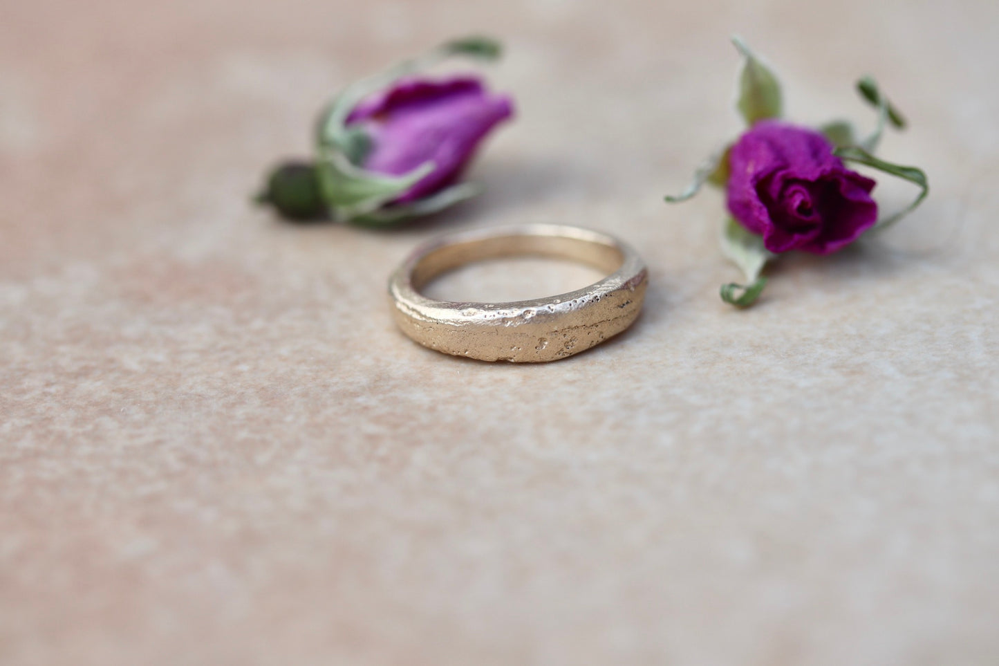 thin 14kt recycled gold organic minimal texture sandcast wedding band ethical paige devlin jewelry