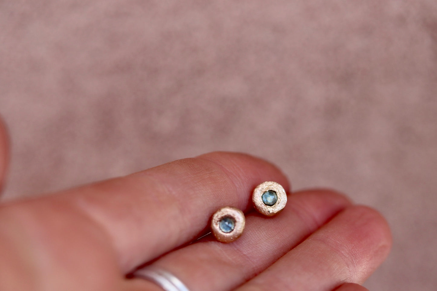 organic sandcast heirloom recycled gold montana sapphire wedding stud earrings