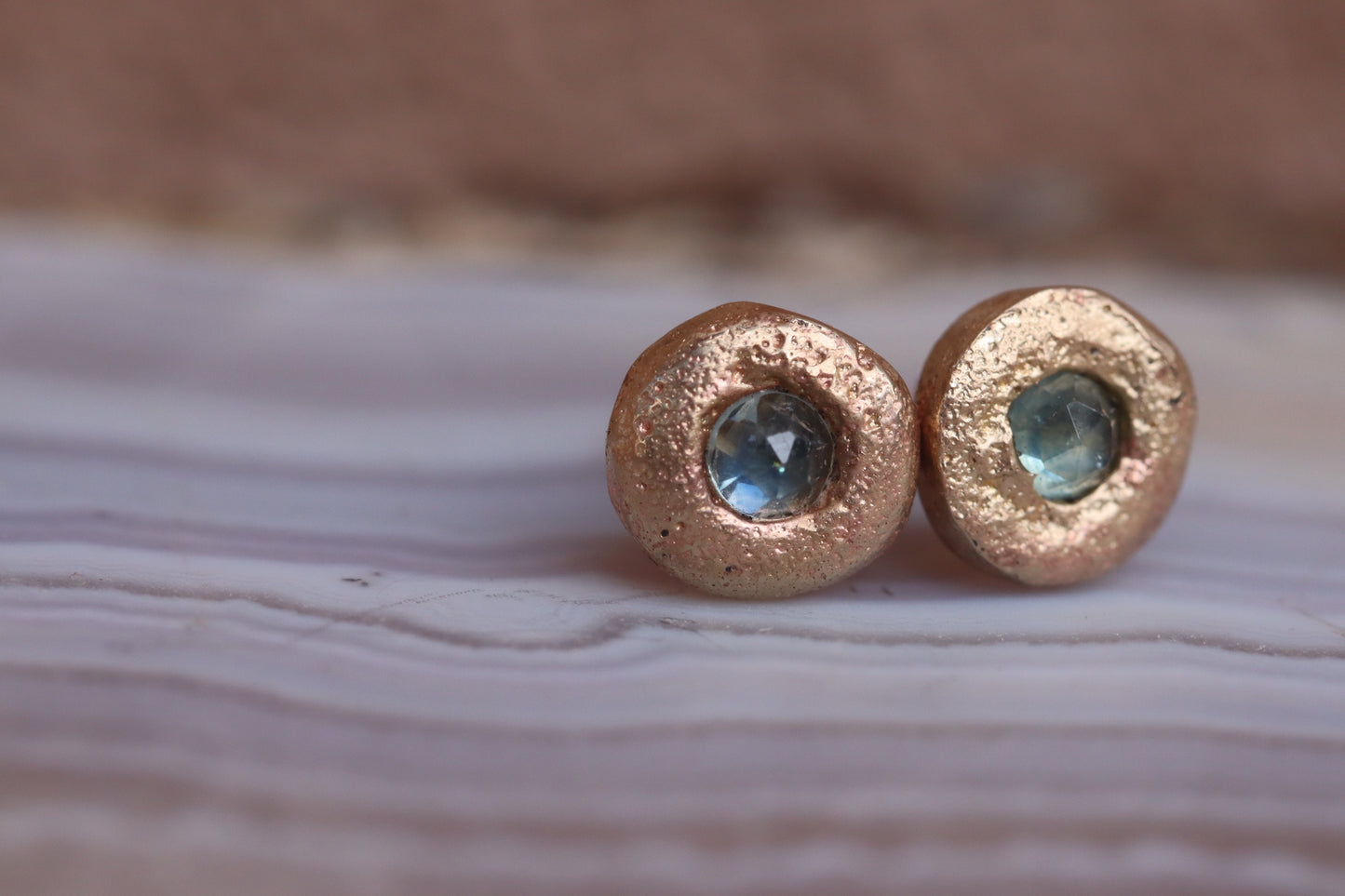 organic sandcast heirloom recycled gold montana sapphire wedding stud earrings