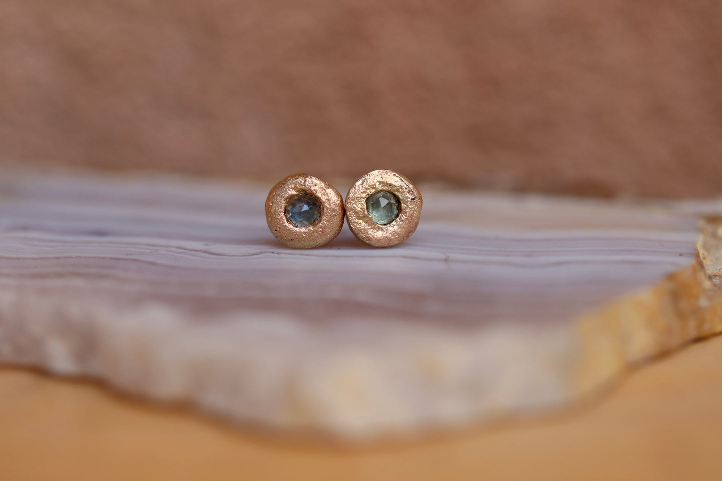 organic sandcast heirloom recycled gold montana sapphire wedding stud earrings