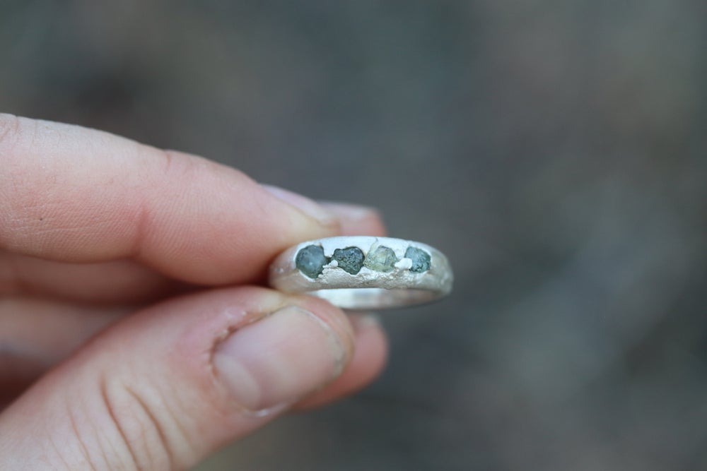 raw montana sapphire paige devlin jewelry rustic organic earthen sandcast ring raw montana sapphire band silver raw sapphire band methow valley wedding jewelry