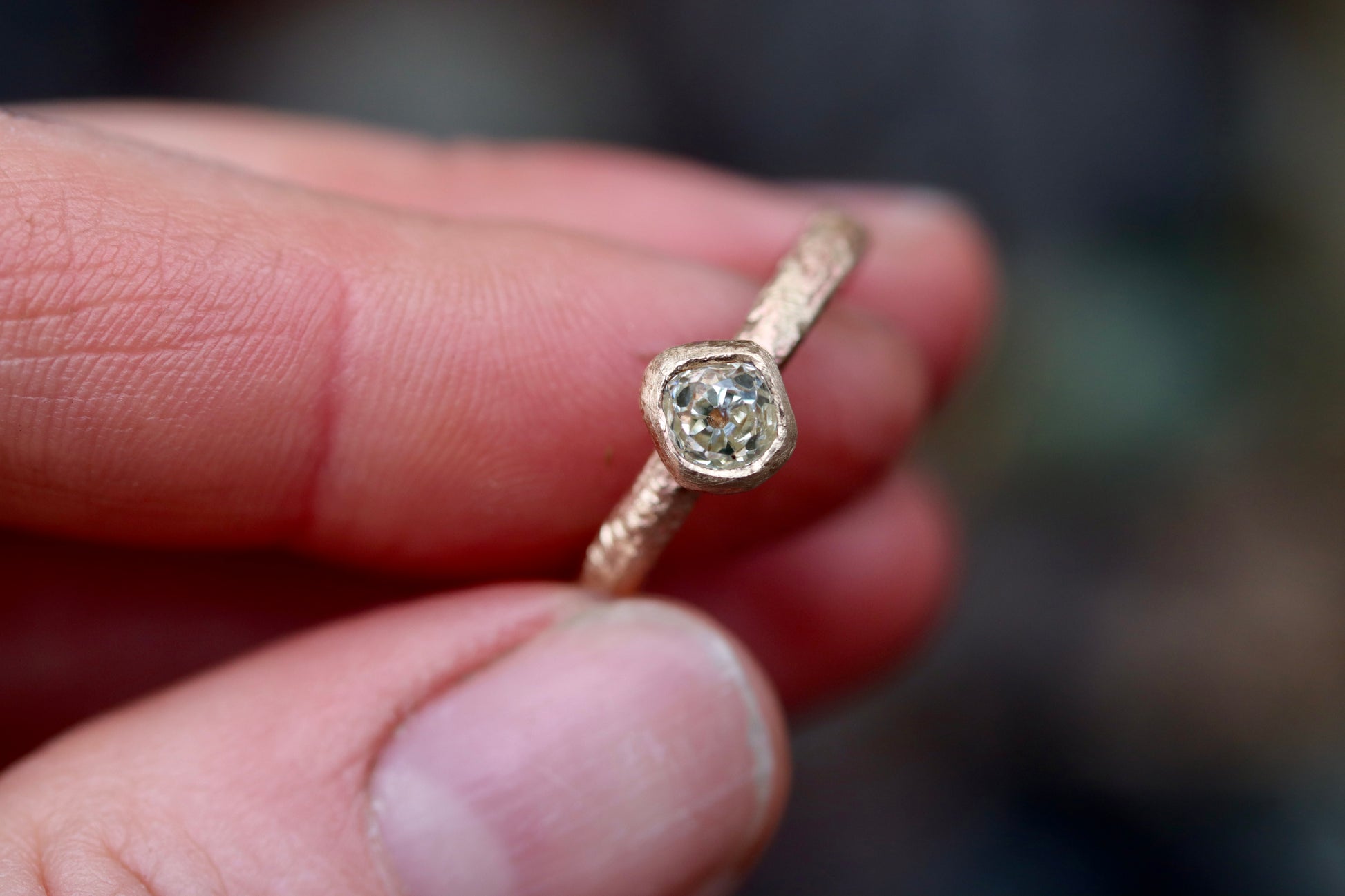 reclaimed old mine cut diamond wabi sabi handcrafted handcarved sandcast solitaire engagement ring organic texture alternative diamond ring wedding ring rustic ethical paige devlin jewelry methow valley jewelery artist