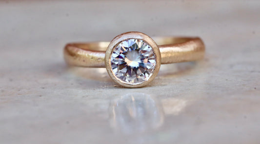 solitaire 1ct ethical diamond earthy organic texture sandcast wedding engagement ring paige devlin methow valley washington wedding jeweler alternative unique nature inspired ring 14kt recycled gold artisan handcrafted