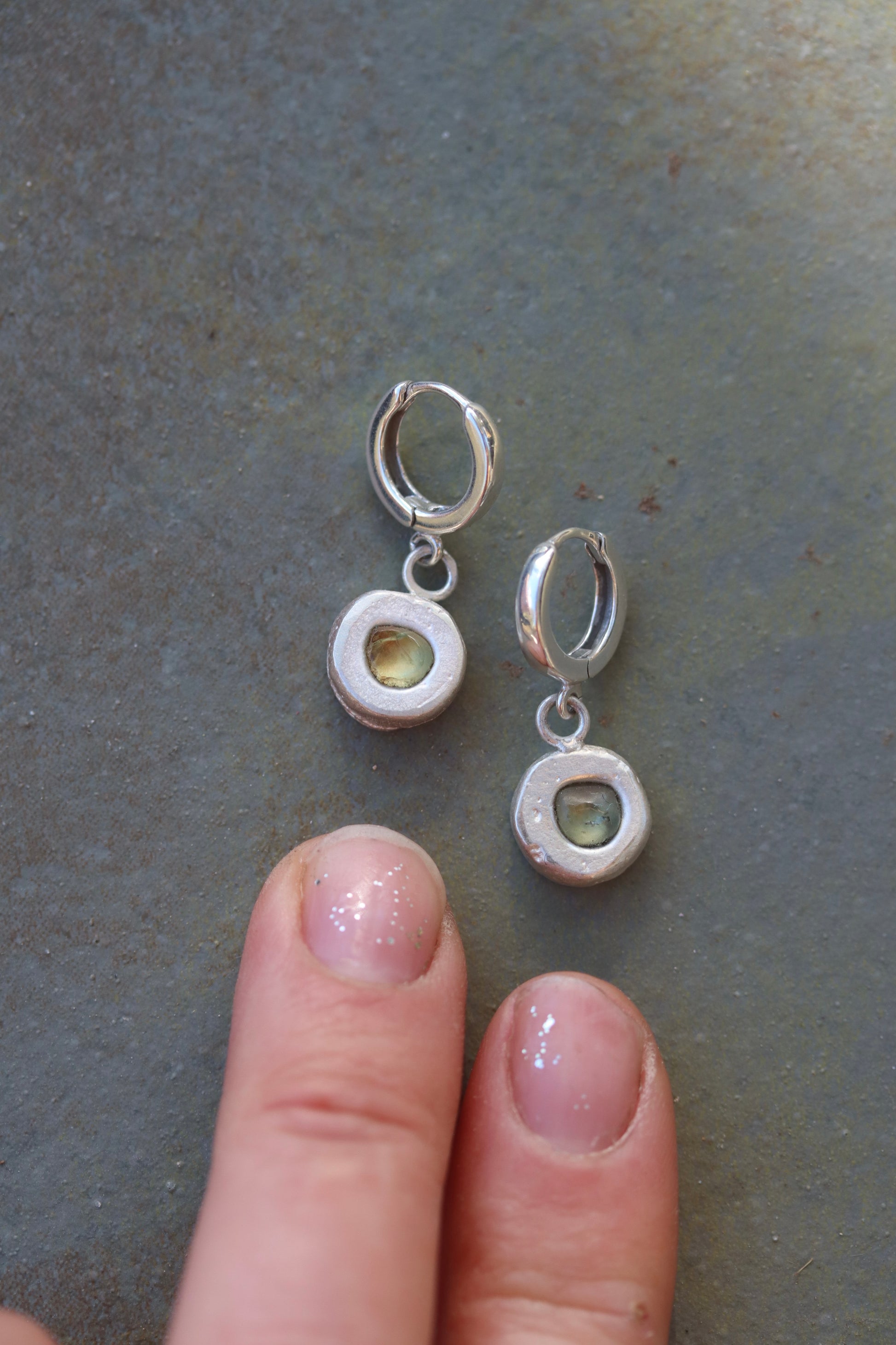 raw montana sapphire organic sandcast orb huggie hoops green paige devlin jewelry