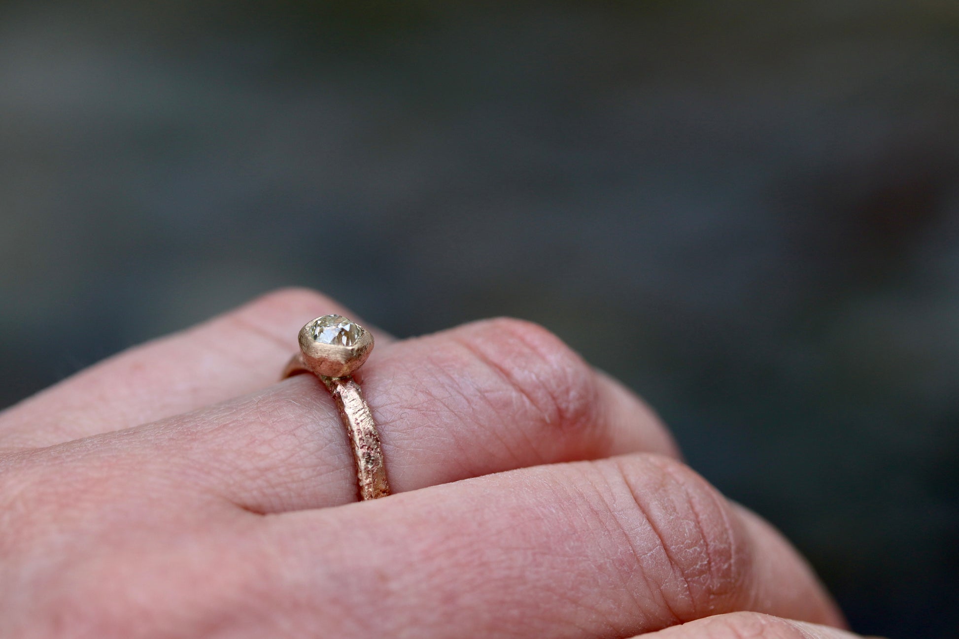reclaimed old mine cut diamond wabi sabi handcrafted handcarved sandcast solitaire engagement ring organic texture alternative diamond ring wedding ring rustic ethical paige devlin jewelry methow valley jewelery artist