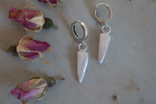 dagger spear handcrafted thorn rose sandcast silver huggue hoop earrings