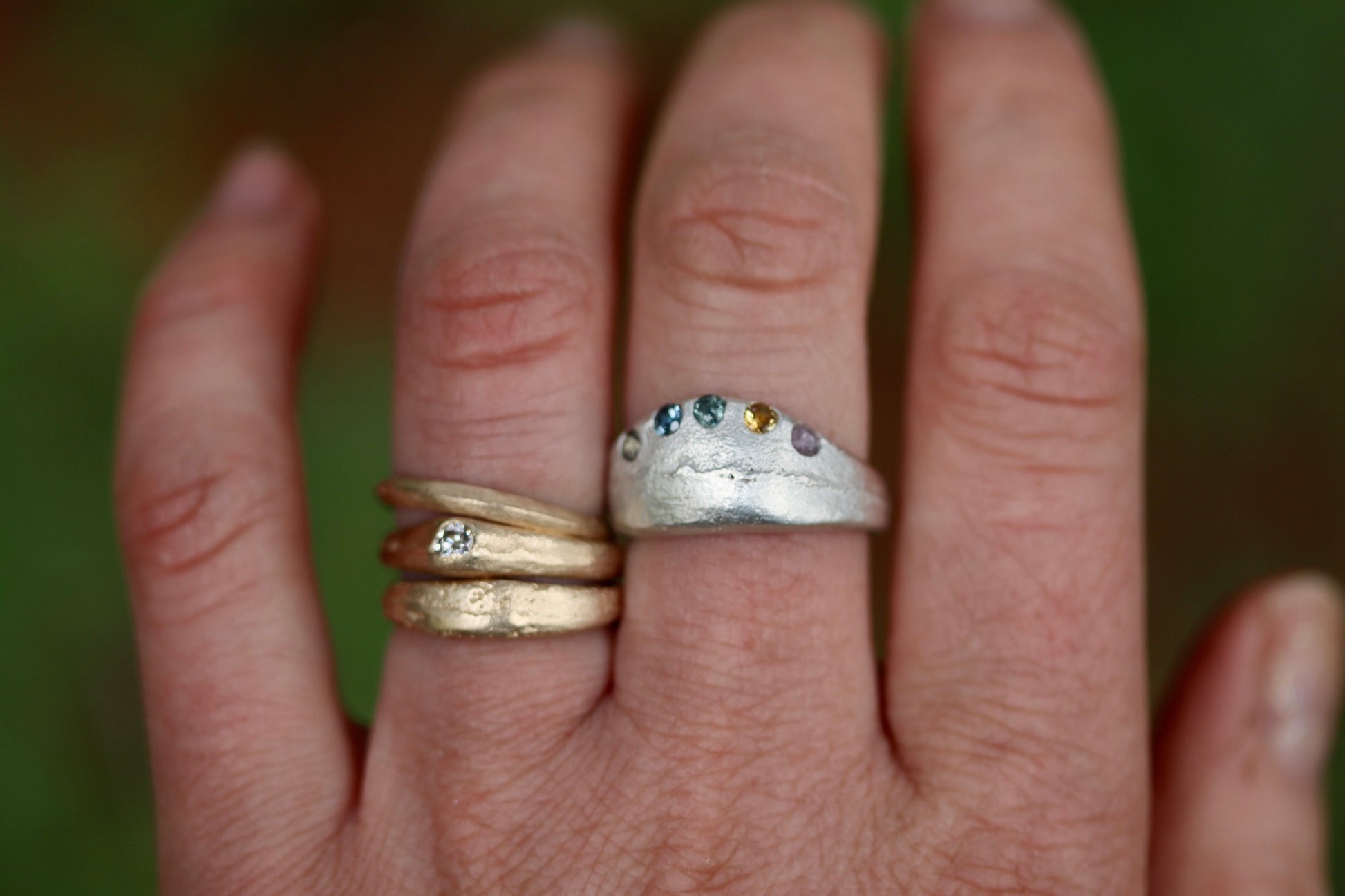 rainbow montana sapphire sterling silver handmade ring colorful organic chunky sandcast ring the arrowleaf