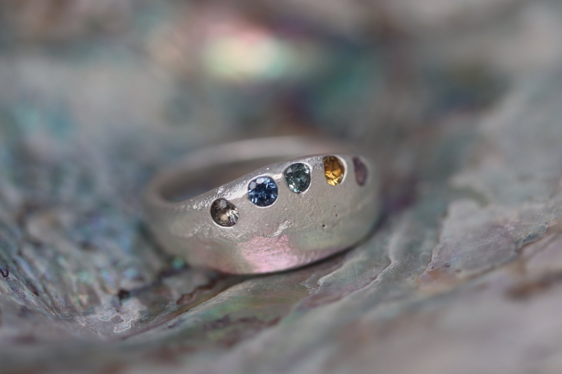 rainbow montana sapphire sterling silver handmade ring colorful organic chunky sandcast ring the arrowleaf