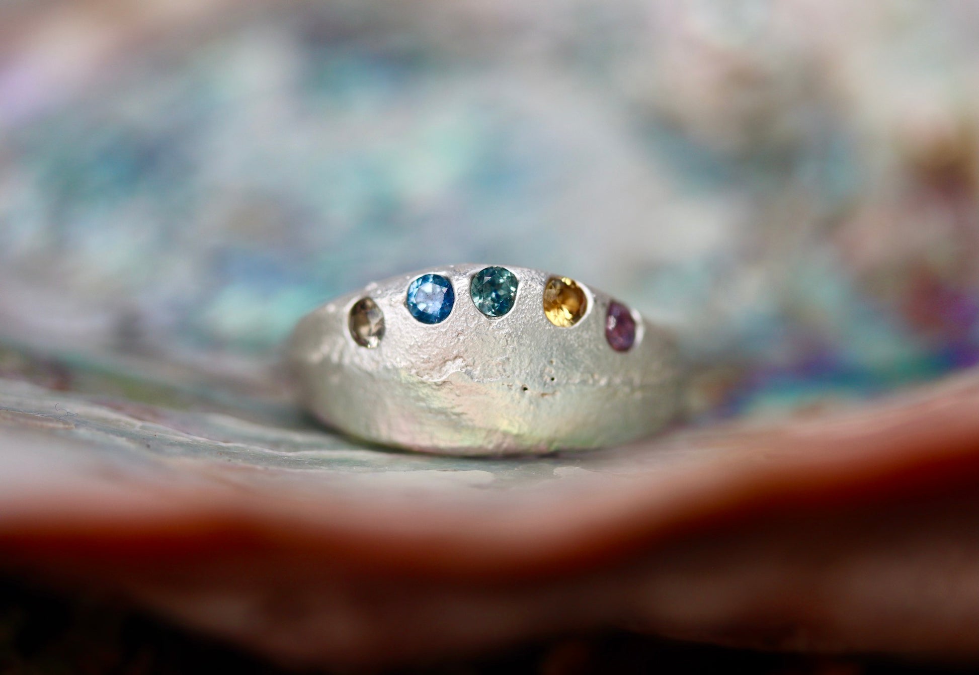 rainbow montana sapphire sterling silver handmade ring colorful organic chunky sandcast ring the arrowleaf