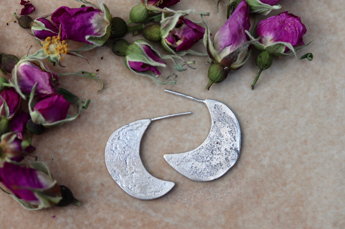 organic textured sterling silver crescent moon hoops the arrowleaf