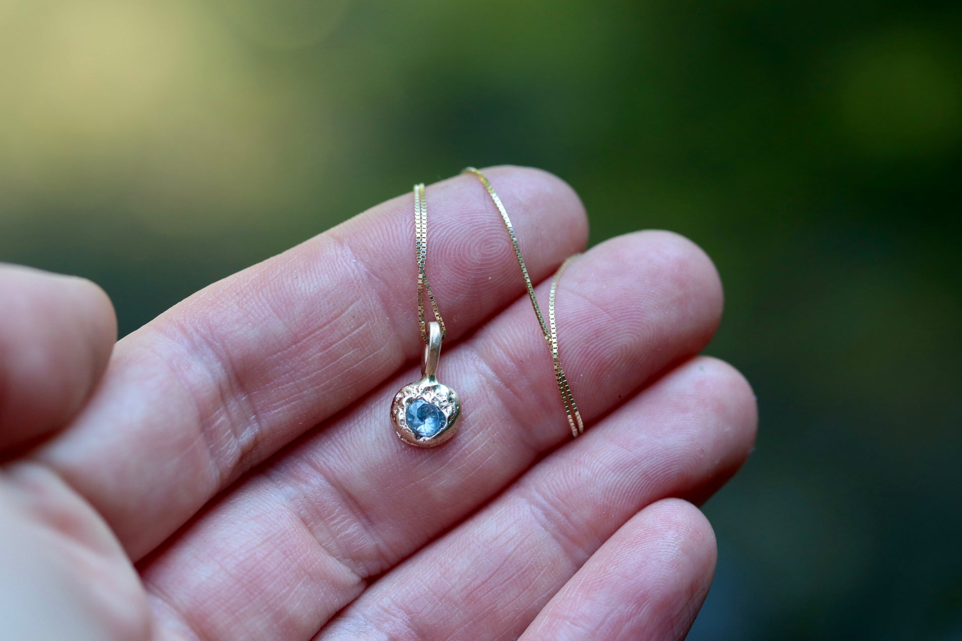 14kt recycled gold montana sapphire necklace tiny organic drop necklace gold rustic montana sapphire necklace