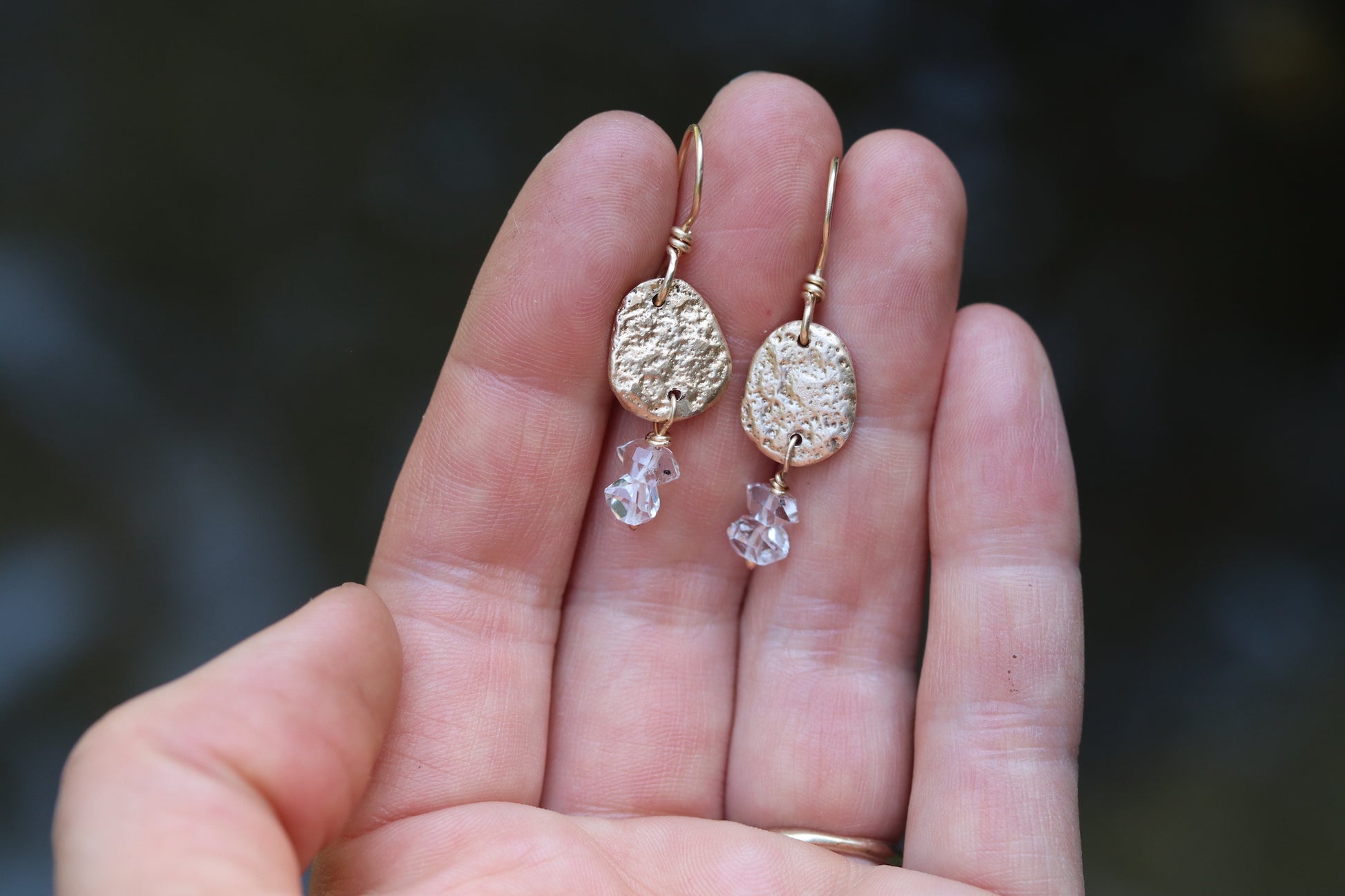 organically textured bronze drops gold drop earrings herkimer diamonds