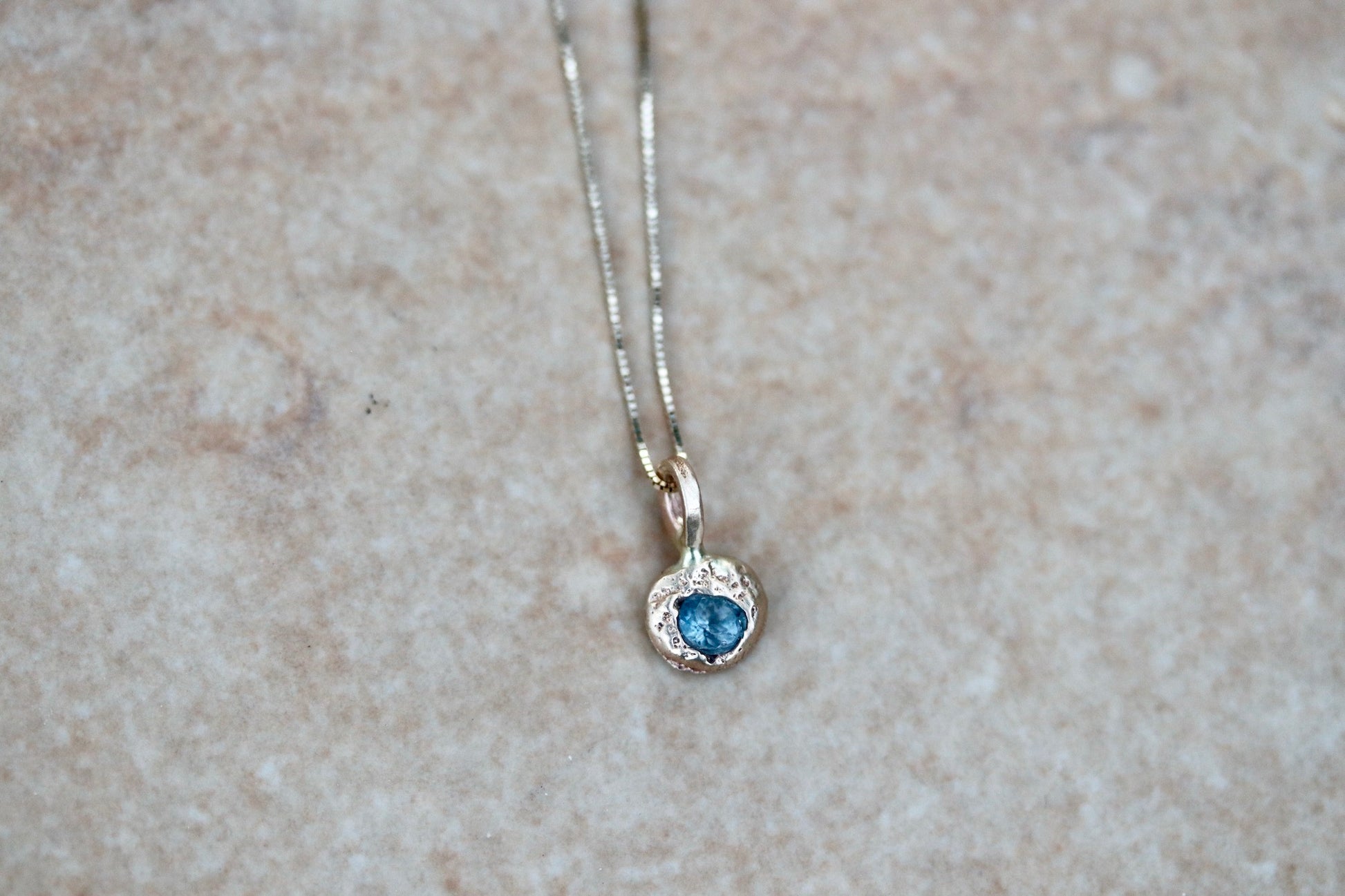 14kt recycled gold montana sapphire necklace tiny organic drop necklace gold rustic montana sapphire necklace