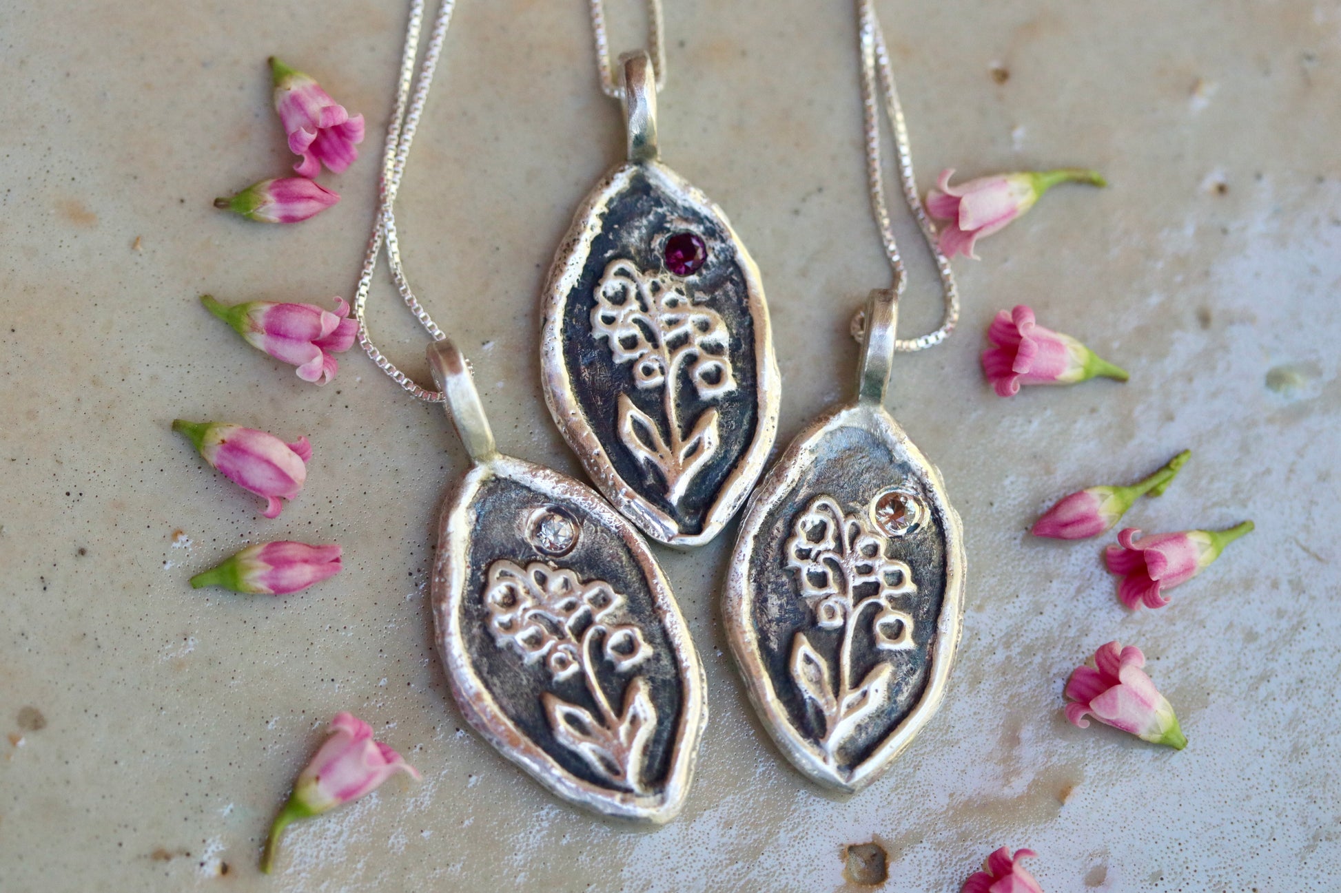 heather mountain pendant sterling silver handmade handcrafted montana sapphire pink floral alpine wildflower necklace paige devlin jewelry