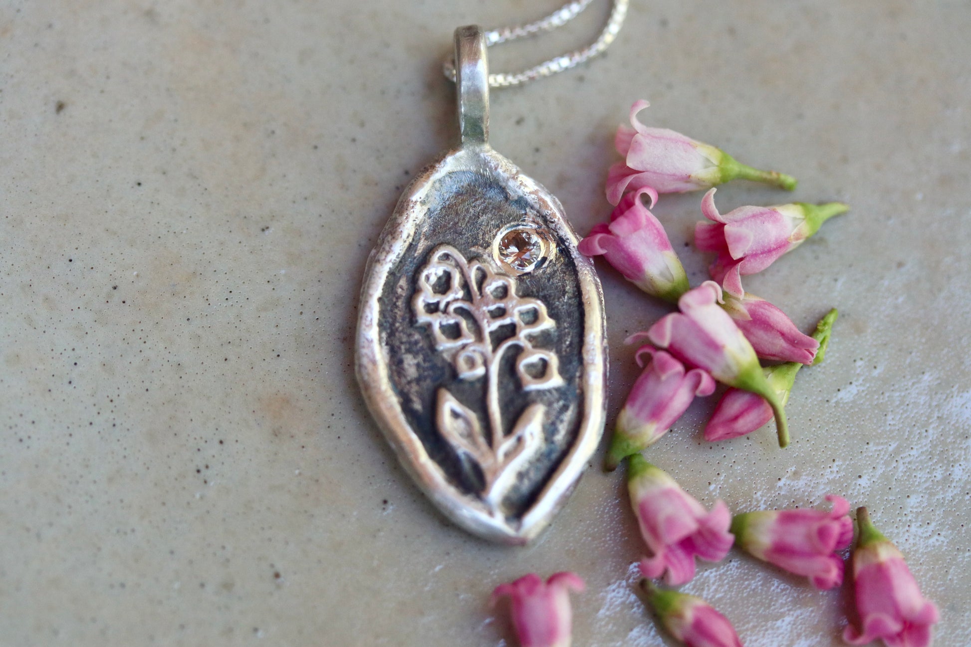 heather mountain pendant sterling silver handmade handcrafted montana sapphire pink floral alpine wildflower necklace paige devlin jewelry