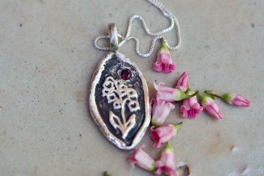 heather mountain pendant sterling silver handmade handcrafted montana sapphire garnet pink floral alpine wildflower necklace paige devlin jewelry