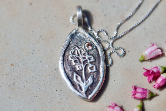 heather mountain pendant sterling silver handmade handcrafted montana sapphire pink floral alpine wildflower necklace paige devlin jewelry