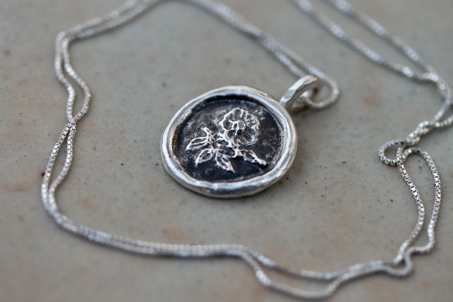 wild rose pendant silver necklace handmade handcrafted artisan made floral jewelry sandcast