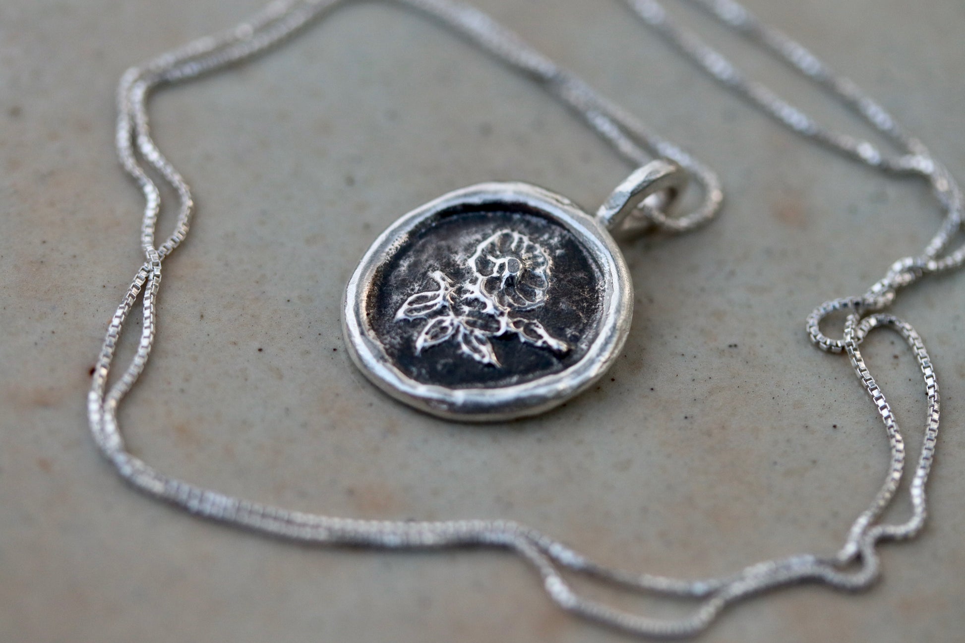 wild rose pendant silver necklace handmade handcrafted artisan made floral jewelry sandcast