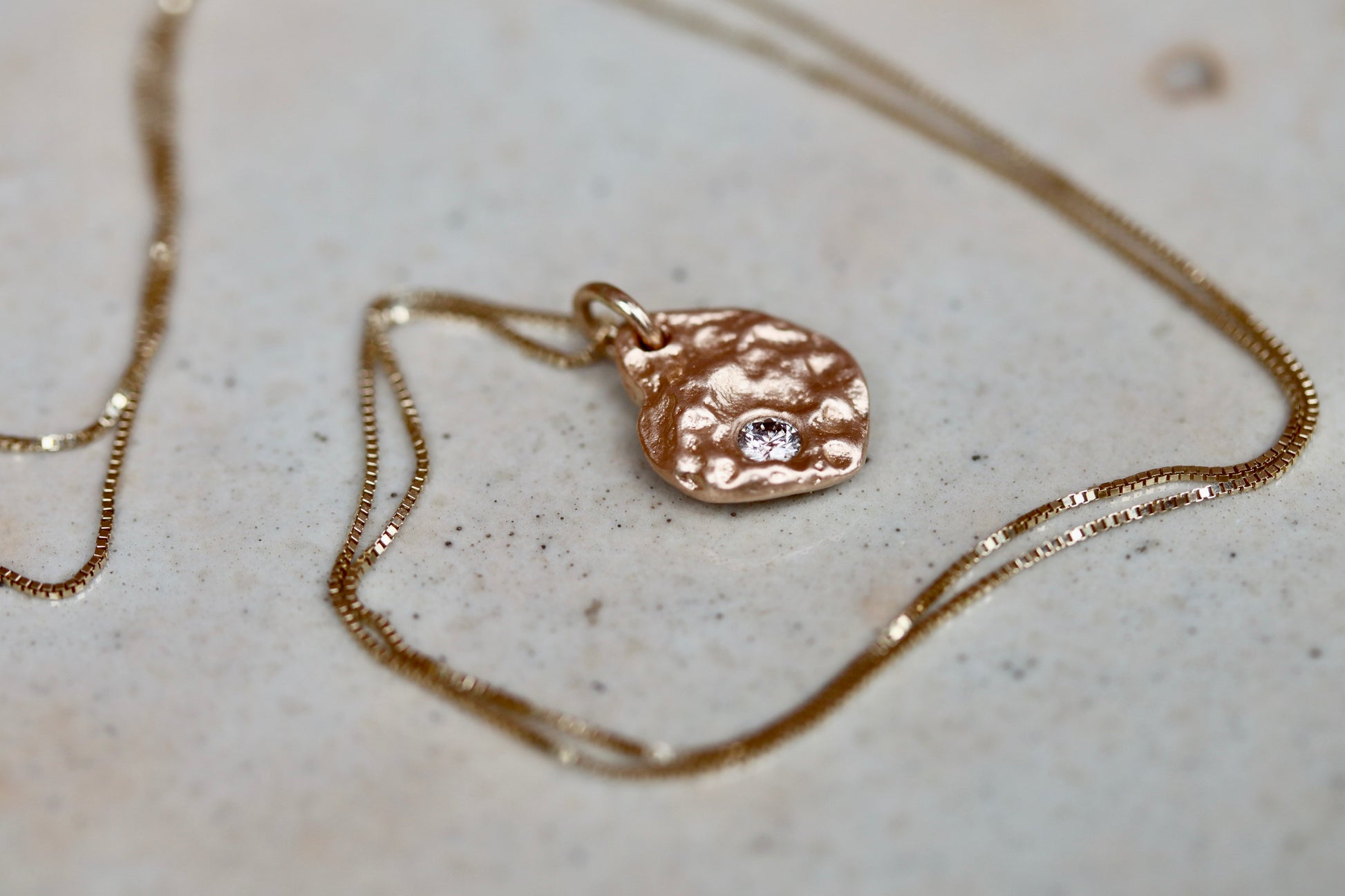 sandcast ethical reclaimed recycled diamond recycled 14kt gold textured handmade artisan made small pendant necklace 