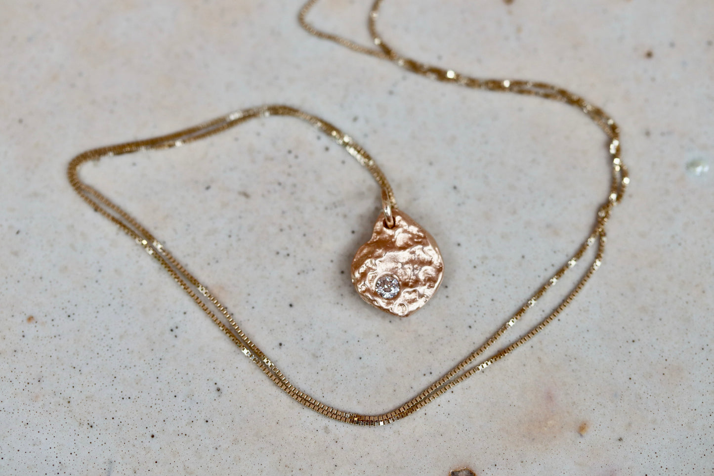 sandcast ethical reclaimed recycled diamond recycled 14kt gold textured handmade artisan made small pendant necklace 