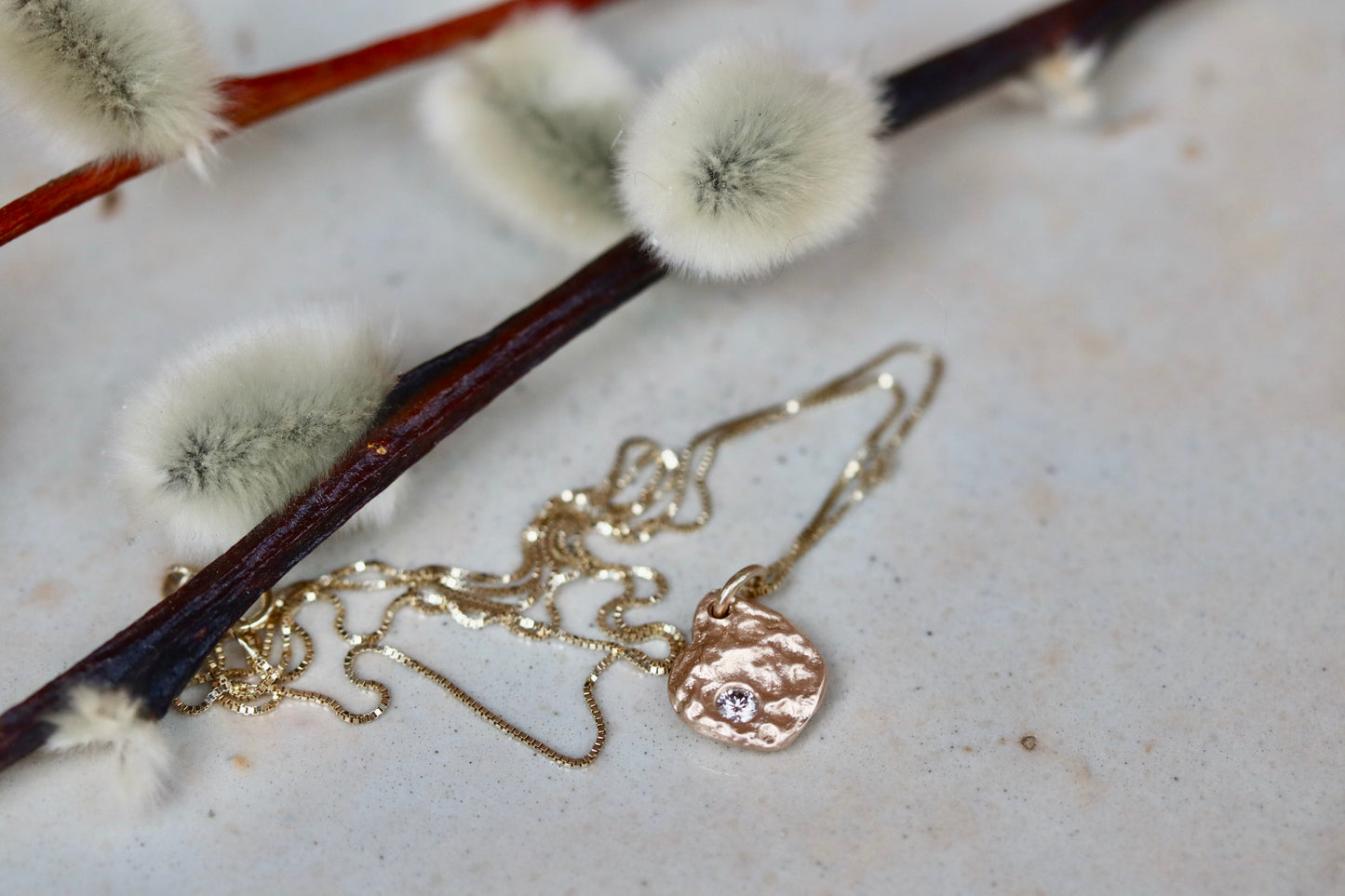 sandcast ethical reclaimed recycled diamond recycled 14kt gold textured handmade artisan made small pendant necklace 
