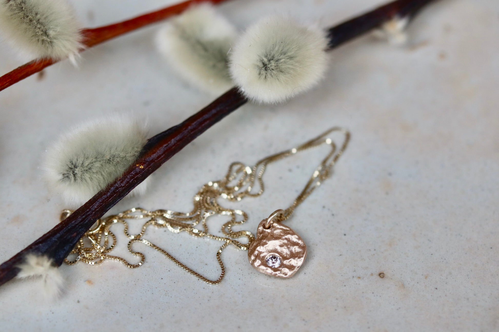 sandcast ethical reclaimed recycled diamond recycled 14kt gold textured handmade artisan made small pendant necklace 