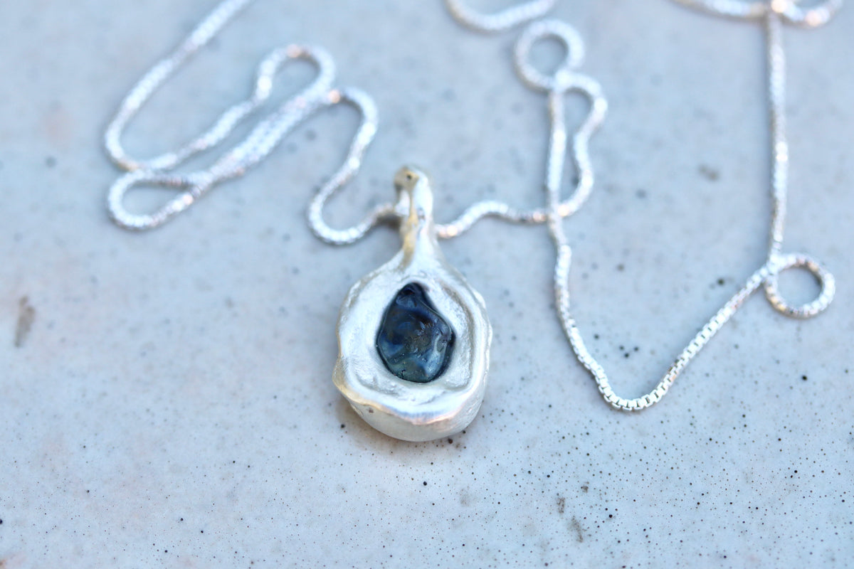 Raw Montana Sapphire Molten Necklace. Blue