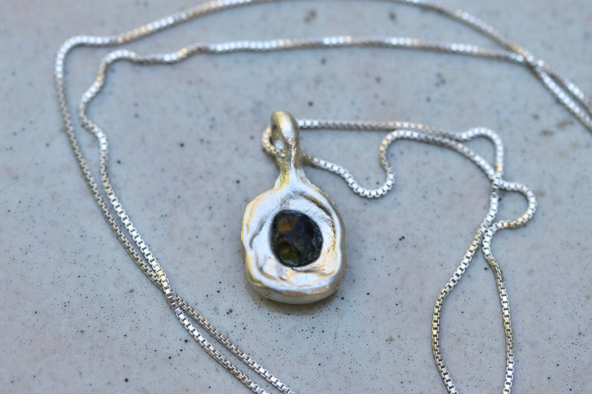 Raw Montana Sapphire Molten Pendant. Green