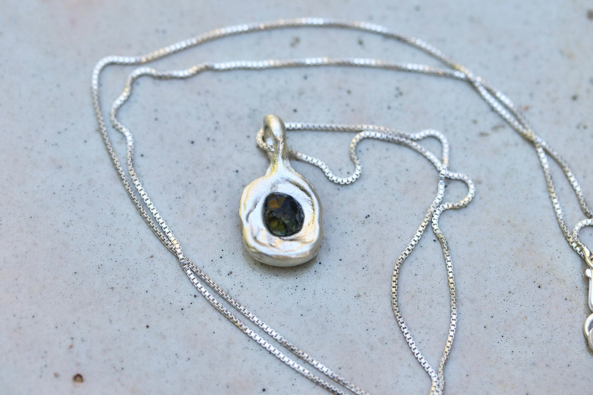 Raw Montana Sapphire Molten Pendant. Green