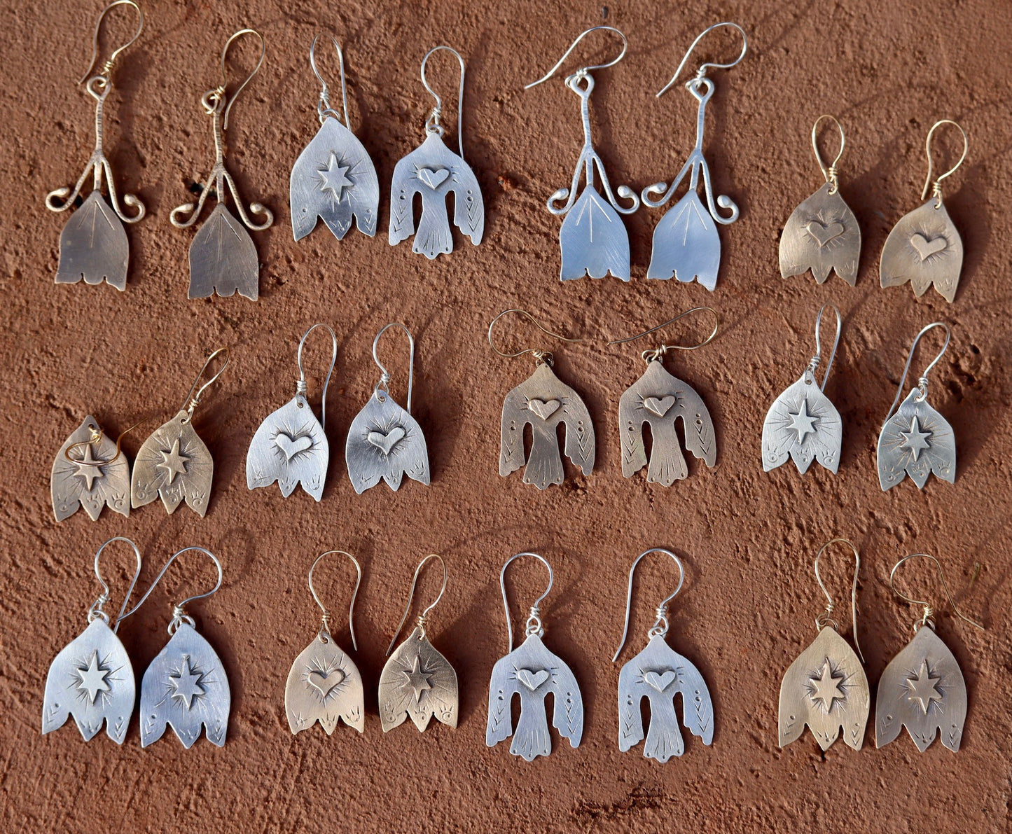 the arrowleaf heart  folk flower earring folk earring folk art bronze recycled sterling silver