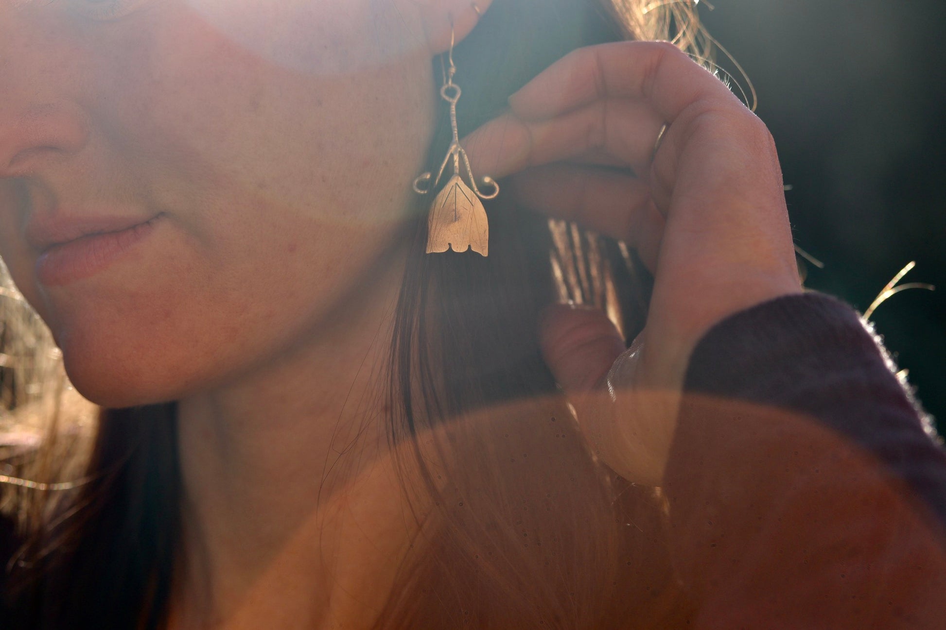 folk flower earrings the arrowleaf heart  folk flower folk earring bronze recycled sterling silver